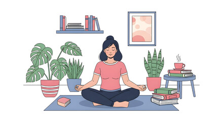 Woman Meditating at Home with Houseplants and Books for Relaxation and Mindfulness