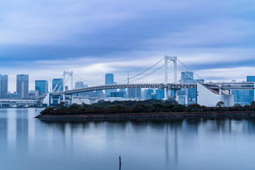 Skyline of Tokyo Rainbow Bridge before sunrise