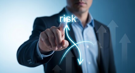 Man touching screen with glowing risk arrow and upward trend