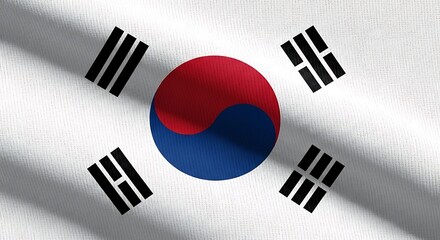 Close-up of the South Korean flag with realistic fabric texture. The Taegeukgi design symbolizes national identity and the concept of balance.