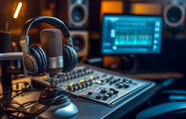 Modern podcast studio with microphone and headphones on the table, dark background