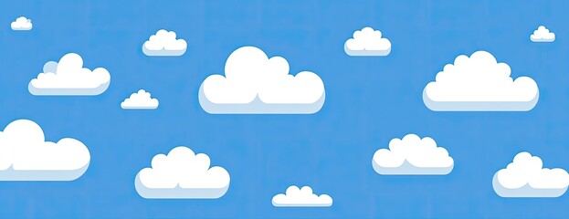 A bright blue sky dotted with numerous fluffy white clouds of varying sizes, creating a cheerful and simple cartoonish image