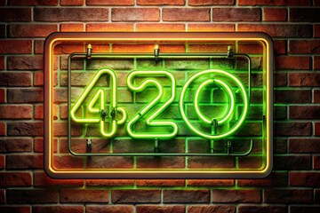 Obraz premium A vibrant green neon sign displaying the number 420, illuminated against a textured brick wall with an orange border, creating a bold and eyecatching retro urban display