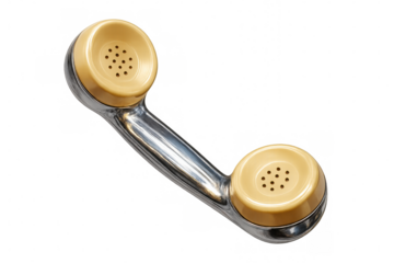 Vintage chrome and beige telephone receiver displaying classic communication design, resting against transparent backdrop