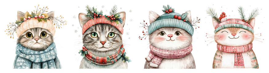 Four adorable watercolor cats wearing winter hats and scarves festive holiday decorations winter season transparent background