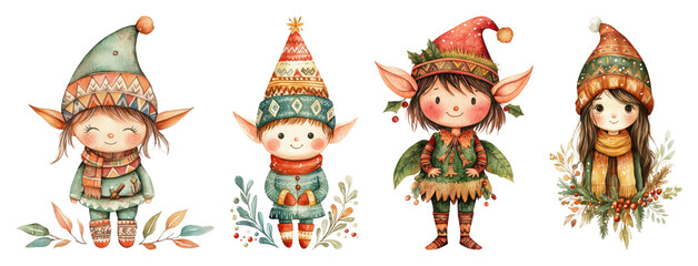 Fototapeta premium Four watercolor illustrated elves in cozy winter attire with decorative foliage isolate