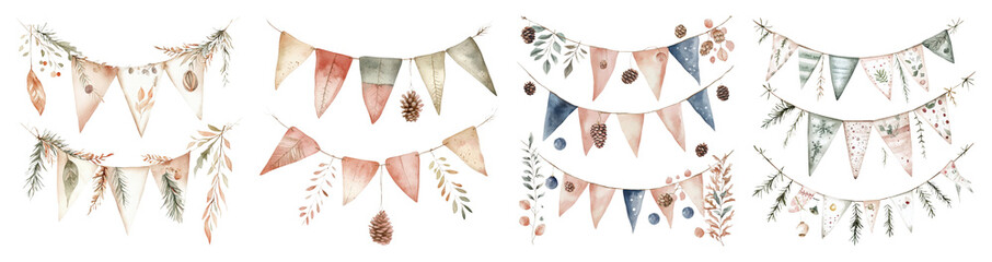 Watercolor boho style pennant banners with pinecones and foliage festive garland arrangements transparent background