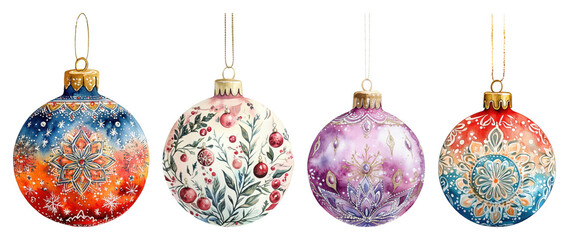 Four ornate watercolor Christmas ornaments with festive patterns and floral designs transparent background