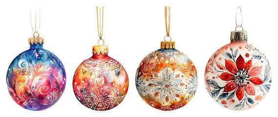 Four watercolor Christmas ornaments with intricate festive designs and hanging loops isolate