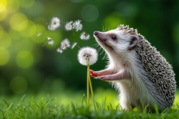 A hedgehog standing on its hind legs in the grass blowing a dandelion