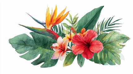 Obraz premium Watercolor tropical floral arrangement featuring vibrant flowers and lush greenery