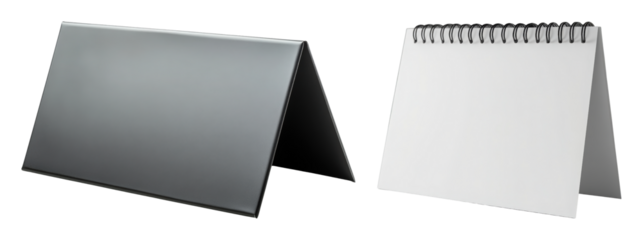 Two desk stands one blank white paper spiral bound notepad one matte gray triangular display transparent background