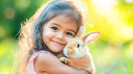 Joyful girl holding a cute bunny in a sunny outdoor setting