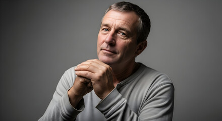 Thoughtful mature man with short dark hair and casual gray sweater looking contemplative against a plain gray background for professional or lifestyle use