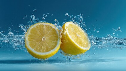 Vibrant Lemon Halves Splashing in Refreshing Blue Water with Dynamic Droplets