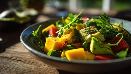 Vibrant Mango Avocado Salad in Rustic Bowl, Natural Light, Close-up