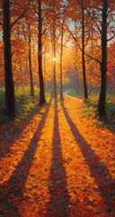 Fototapeta premium Autumnal forest path at sunrise. Long shadows stretch across a carpet of vibrant fall foliage, leading into a sun-drenched woodland