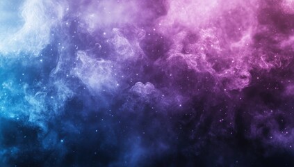 Naklejka premium Abstract cosmic nebula with swirling pink, purple, and blue hues, speckled with tiny white stars against a dark background