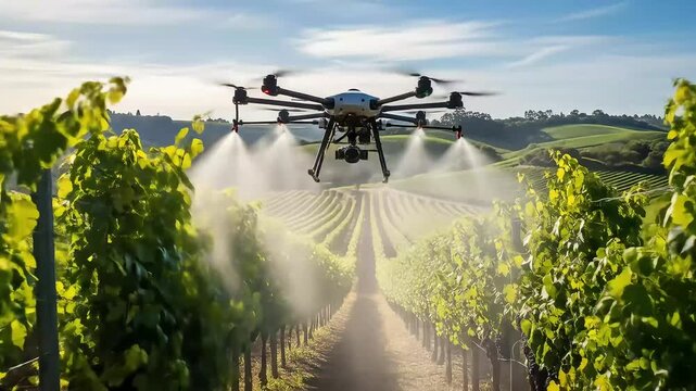 Agricultural Drone Spraying Vineyard Rows Modern Farming Technology