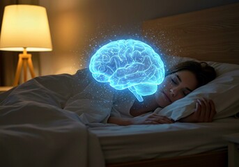 young man sleeping on couch, Woman sleeps peacefully on bed in cozy bedroom. Glowing digital brain visualization above her shows neural activity, brain waves. Brain floats on boat in room, serene ambi