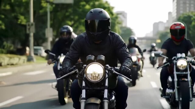 Group of motorcyclists on classic motorcycles in city street at daytime