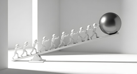 Teamwork overcoming a challenge, people working together to move a sphere across a balance board. They demonstrate the concept of balance. 