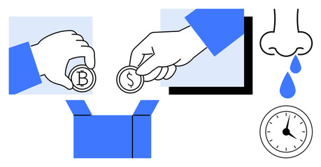 Hands holding coins with dollar and bitcoin signs, open box, clock, nose with droplet. Ideal for finance, barter, e-commerce, cryptocurrency value exchange timing creativity. Simple flat metaphor