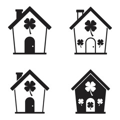 St Patricks Day Houses vector illustration with Clover Window Silhouettes in Black and White