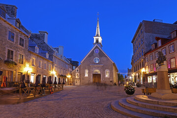 Old Quebec City illuminated at night, Place Royale, Canada