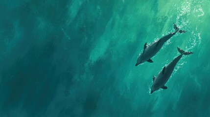 Two dolphins gracefully swim in turquoise water