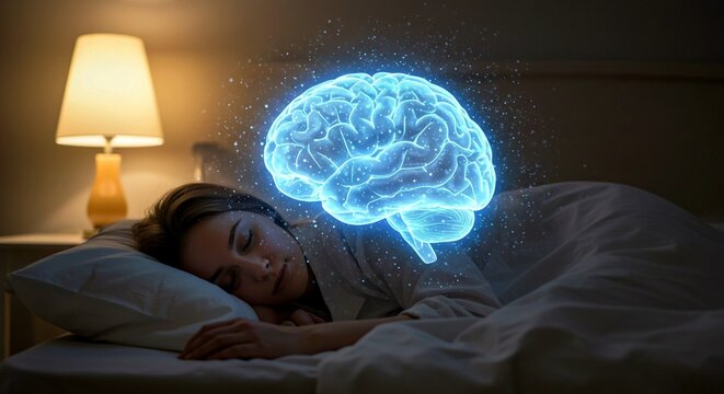 young man watching television, Woman sleeps peacefully on bed in cozy bedroom. Glowing digital brain visualization above her shows neural activity, brain waves. Brain floats on boat in room, serene am