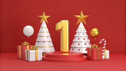 Festive christmas scene with golden number one and gifts