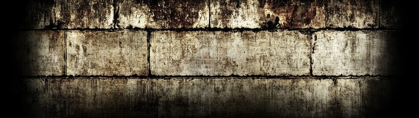 Obraz premium Dark, aged stone wall, rectangular blocks, faded, textured surface, shadowed edges, mottled browns and greys