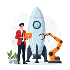 A businessman with a laptop stands next to a rocket and a robotic arm, illustrating a technology startup.