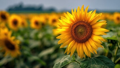 Fototapeta premium Vibrant Sunflower in Focus, Field of Sunflowers Blurred Background, Summer Day.