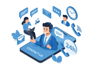 Customer service agents with headsets providing 24-hour online support through a smartphone interface.