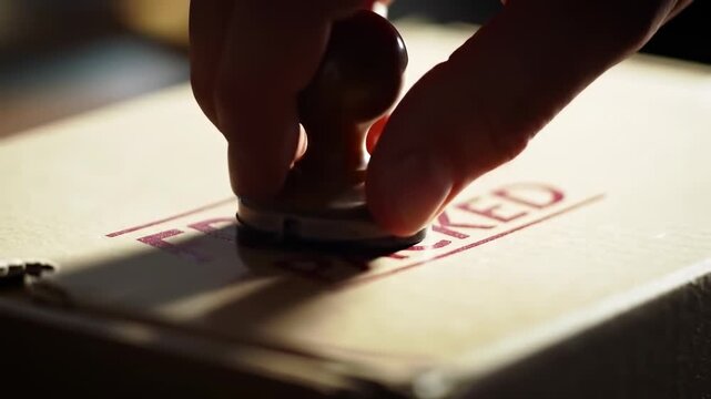 Hand stamping box with packed label in closeup view