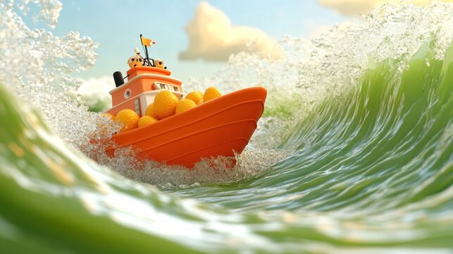 Orange boat, waves, cargo