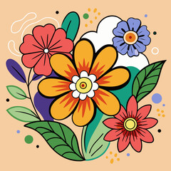 Vibrant abstract floral illustration with bold colors and organic shapes on a peach background