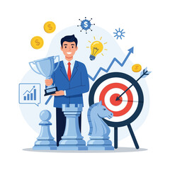 Smiling businessman holding a trophy, illustrating concepts of business strategy, goal achievement, and financial success.