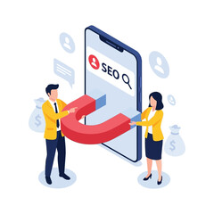 A business team uses a large magnet to attract new customers through SEO on a smartphone, representing a digital marketing strategy.