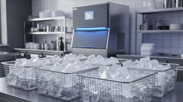 Ice Cubes Filling Metal Baskets in Modern Kitchen with Ice Maker Machine