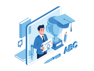 A male graduate holds a diploma on a smartphone screen, symbolizing online education and achievement.