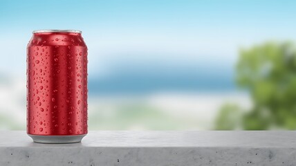 Chilled red soda can with condensation glistening against a serene ocean backdrop for summer refreshment