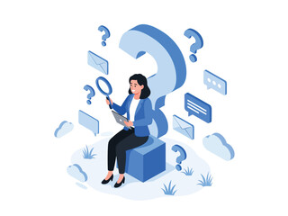 A woman with a magnifying glass and laptop researches answers, sitting on a giant question mark symbol.