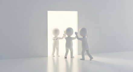 Three welcoming figures stand before a doorway, symbolizing new beginnings and opportunities