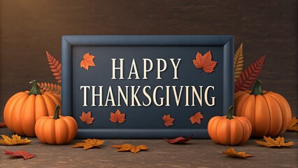 Happy thanksgiving message on a chalkboard surrounded by pumpkins and autumn leaves