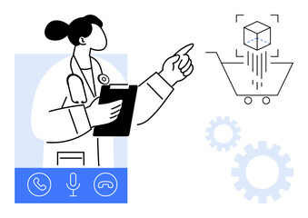 Doctor holding clipboard, pointing to AR object in shopping cart. Includes call icons, gears, emphasizing technology, consultation, healthcare transformation. Ideal for telemedicine, innovation