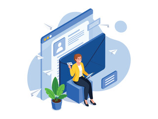 A businesswoman sits with a tablet, managing her online profile and sending email correspondence.