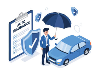 Obraz premium An insurance agent holds an umbrella over a car, symbolizing auto insurance protection and policy coverage.